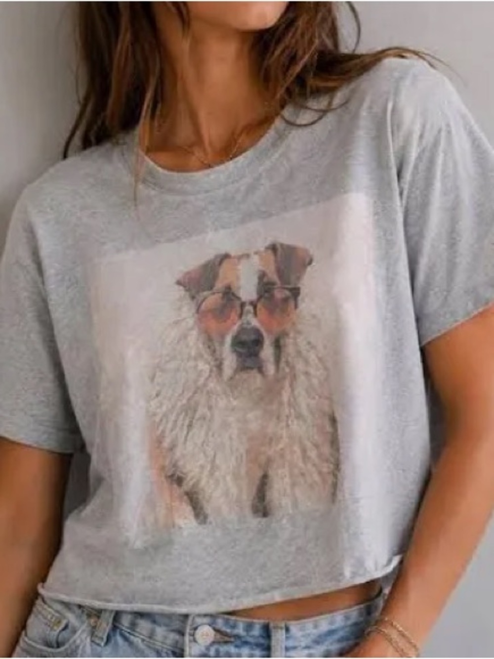 American Eagle Outfitters Gray Graphic Crop Top with Dog Print